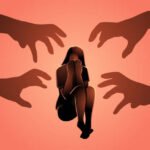 Simple flat vector illustration of terrified young woman sit on floor with shadow of grabbing hands as a threat